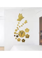 Load image into Gallery viewer, Butterfly And Flower Wall Clock 3D Acrylic Mirror Sticker Gold 41x70centimeter
