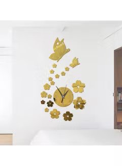Butterfly And Flower Wall Clock 3D Acrylic Mirror Sticker Gold 41x70centimeter