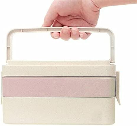Portable Picnic Lunch Container with Carrying Handle Wheat Straw Bento Box School Desk Lunch Box (Pink/3 Ground)