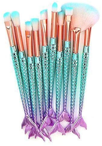 10-Piece Makeup Brush Designed with a whimsical mermaid tail that serves as a comfortable grip Set Blue/Pink