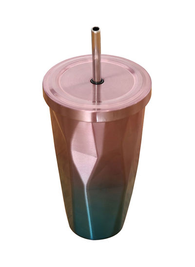 Stainless Steel Double Wall Tumbler With Straw And Lid Brown 10.2x10.2x18centimeter