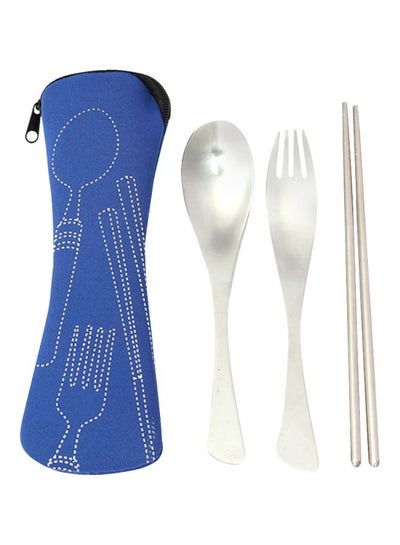 1 Set Traveling Camping Picnic Dinner Spoon Fork Chopsticks Blue/Silver 21x5cm