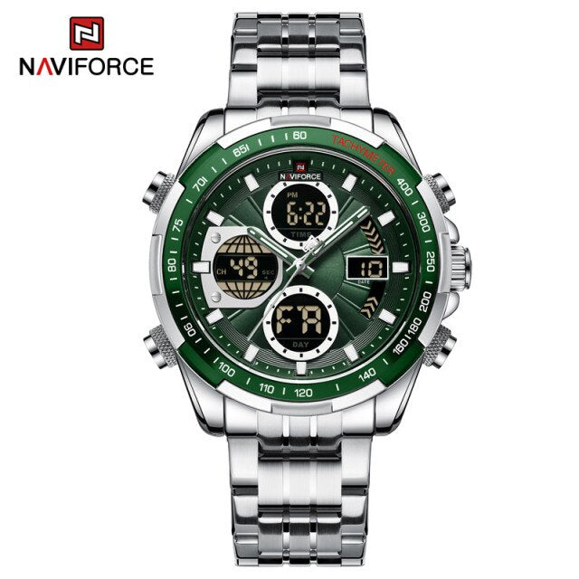 NAVIFORCE 9197 Top Brand Luxury Stainless Steel Casual Men Watch Digital Male Clock Military Sport Man Wristwatch-Silver Green