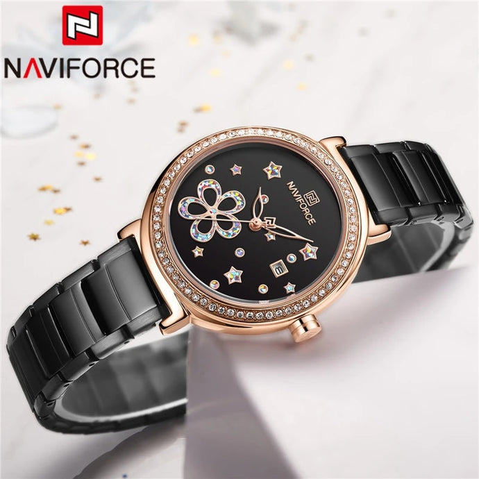 NAVIFORCE NF5016 Women's Shiny Star Stainless Steel Elegant Quartz Watch - Black