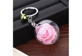 1Pcs Rose Flower Keychain Imitation Flower Keychains Bell Key Chain Keyring Silk Charm Crystal Ball Keychain Pink&Silver