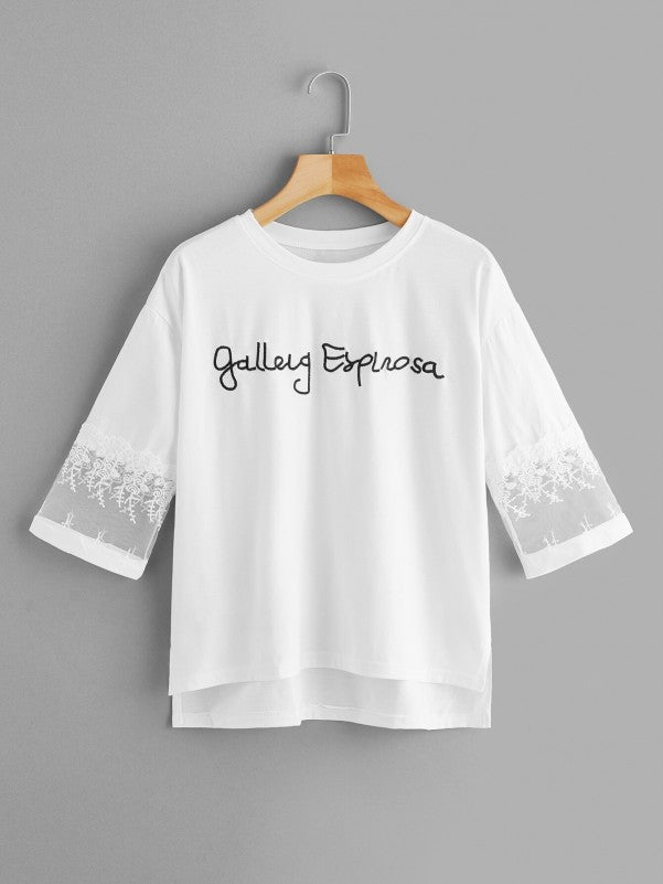 Letter Embroidered Contrast Mesh Sleeve Ladies T-Shirt